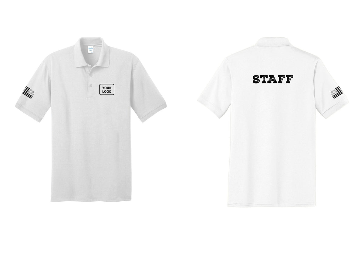 NYC Factory Custom Logo Staff Polo Shirt (Rustic) - Your Logo + Back + US Flag Sleeve - White