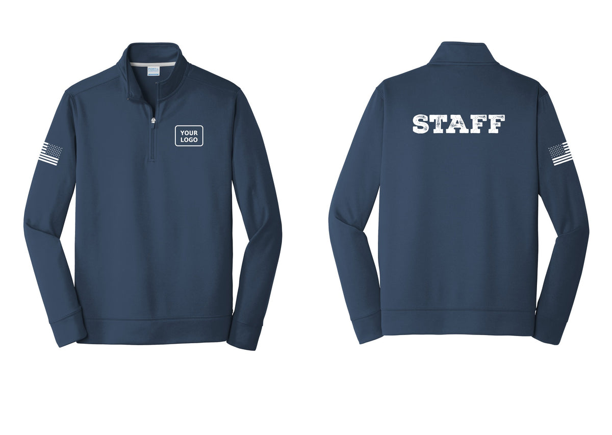 NYC Factory Custom Logo Staff Performance Fleece 1/4-Zip Pullover Sweatshirt (Rustic) - Your Logo + Back + US Flag Sleeve - Navy
