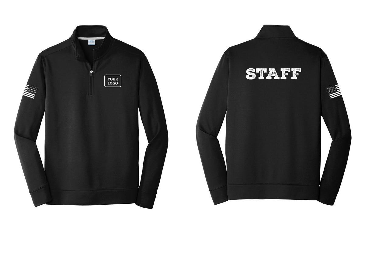 NYC Factory Custom Logo Staff Performance Fleece 1/4-Zip Pullover Sweatshirt (Rustic) - Your Logo + Back + US Flag Sleeve - Black