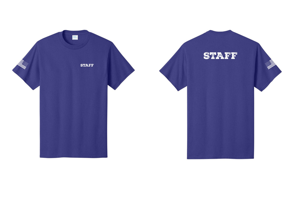 NYC Factory Staff T-Shirt, Rustic Lettering - Chest + Back + US Flag Sleeve - Purple