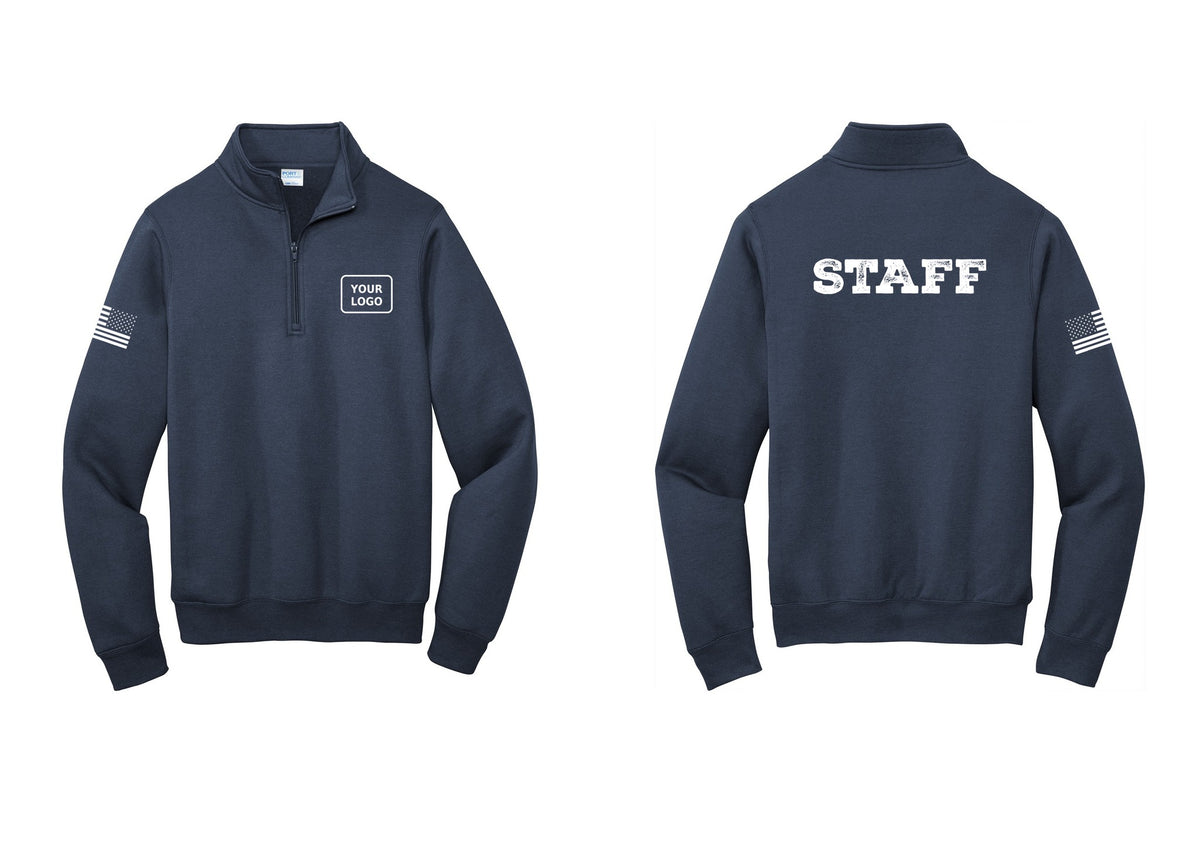 NYC Factory Custom Logo Staff Cotton Fleece 1/4-Zip Pullover Sweatshirt (Rustic) - Your Logo + Back + US Flag Sleeve - Navy