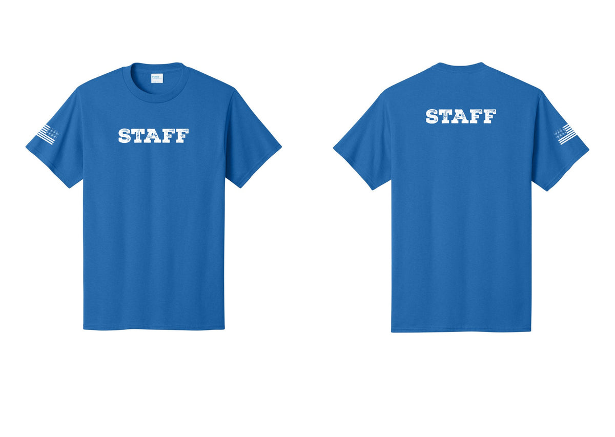 NYC Factory Staff T-Shirt, Rustic Lettering - Front + Back + US Flag Sleeve - Royal