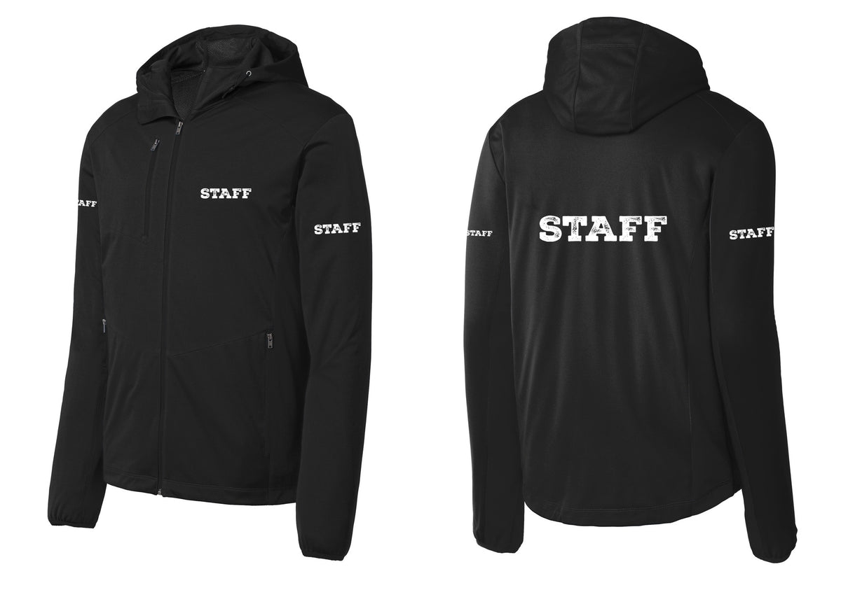 NYC Factory Staff Soft Shell Hooded Jacket (Rustic) - Chest + Back + Staff Sleeves - Deep Black