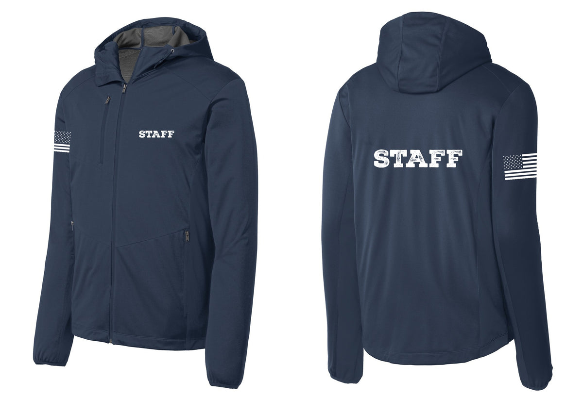 NYC Factory Staff Soft Shell Hooded Jacket (Rustic) - Chest + Back + US Flag Sleeve - Dress Blue Navy