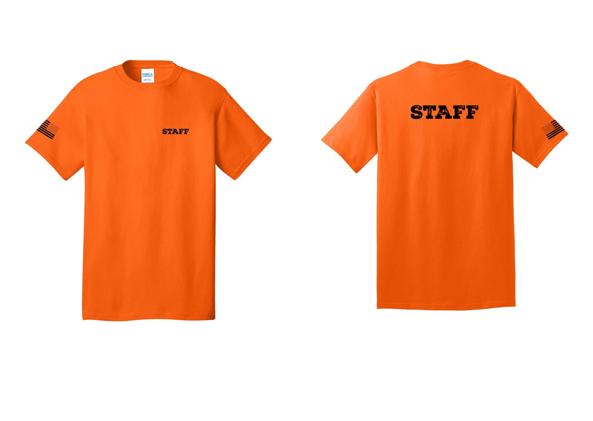 NYC Factory Staff T-Shirt, Rustic Lettering - Chest + Back + US Flag Sleeve - Safety Orange