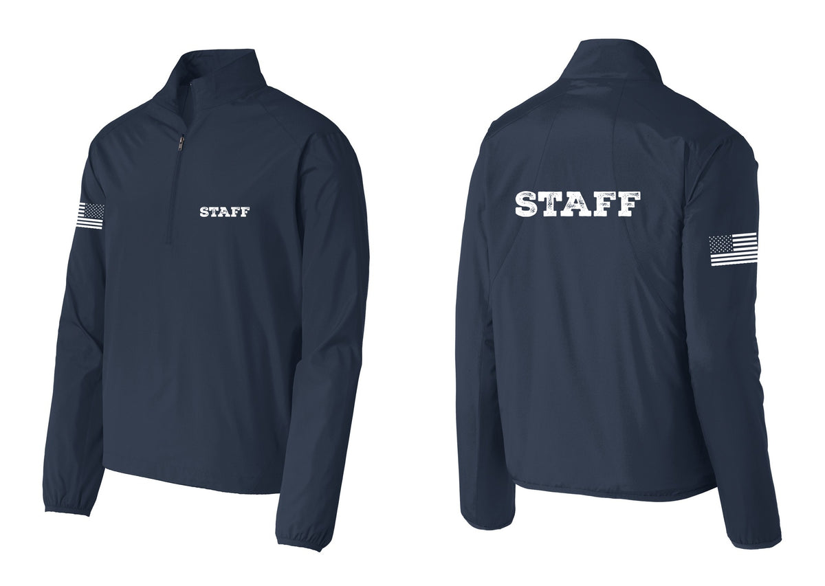 NYC Factory Staff Windbreaker 1/2-Zip Pullover (Rustic) - Chest + Back + US Flag Sleeve - Dress Blue Navy