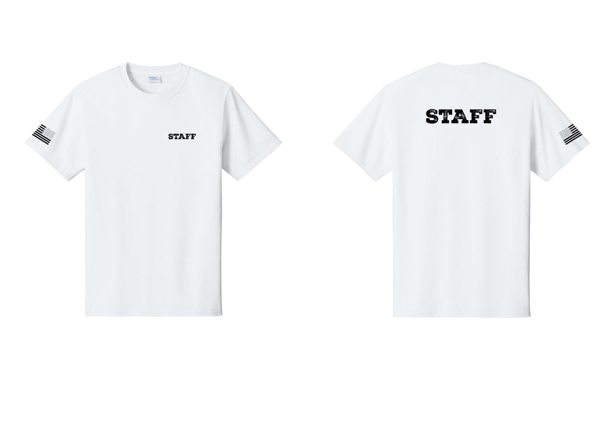 NYC Factory Staff T-Shirt, Rustic Lettering - Chest + Back + US Flag Sleeve - White