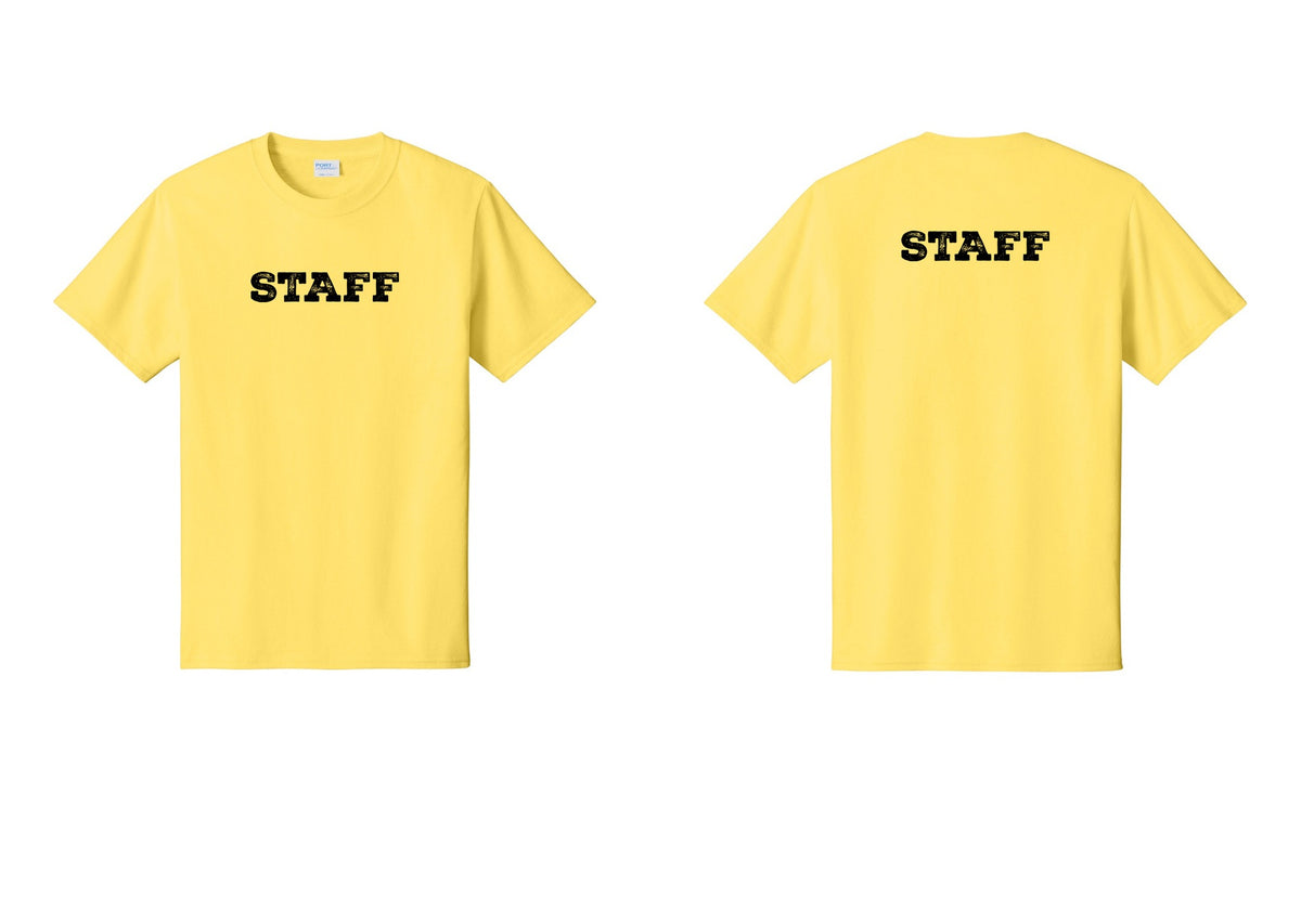 NYC Factory Staff T-Shirt, Rustic Lettering - Front + Back - Yellow