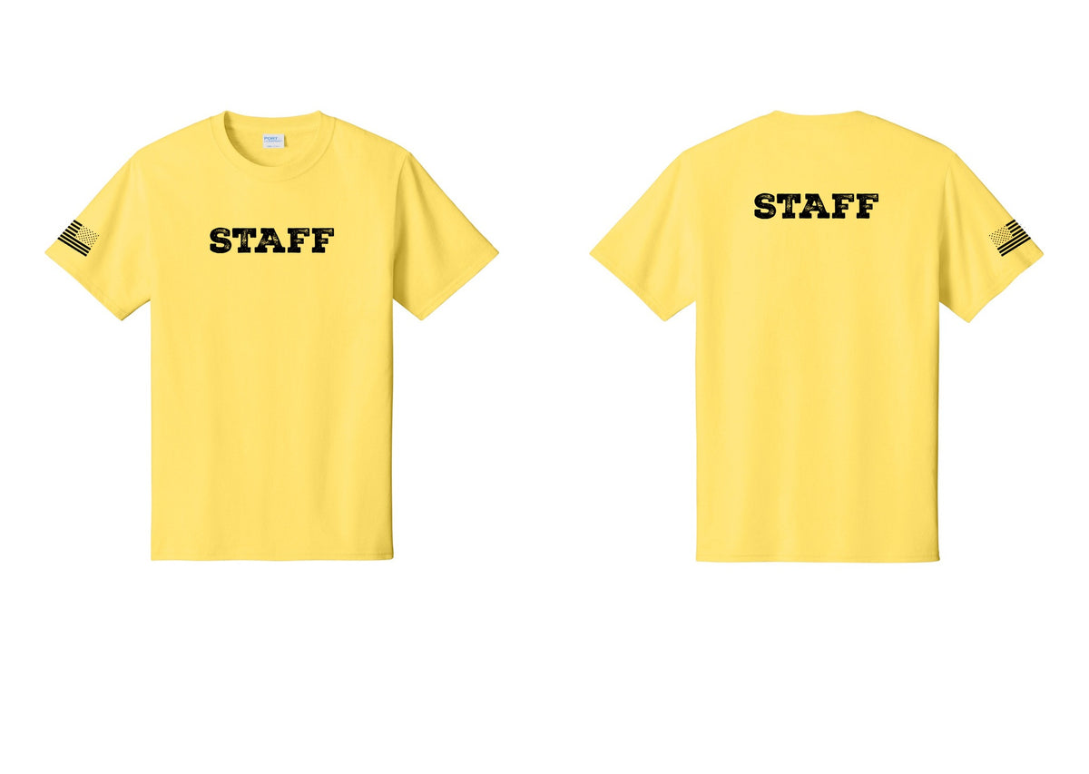 NYC Factory Staff T-Shirt, Rustic Lettering - Front + Back + US Flag Sleeve - Yellow