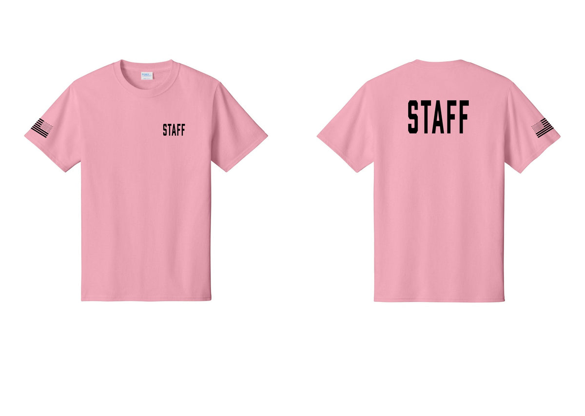 NYC Factory Staff T-Shirt, Condensed Lettering - Chest + Back + US Flag Sleeve - Candy Pink