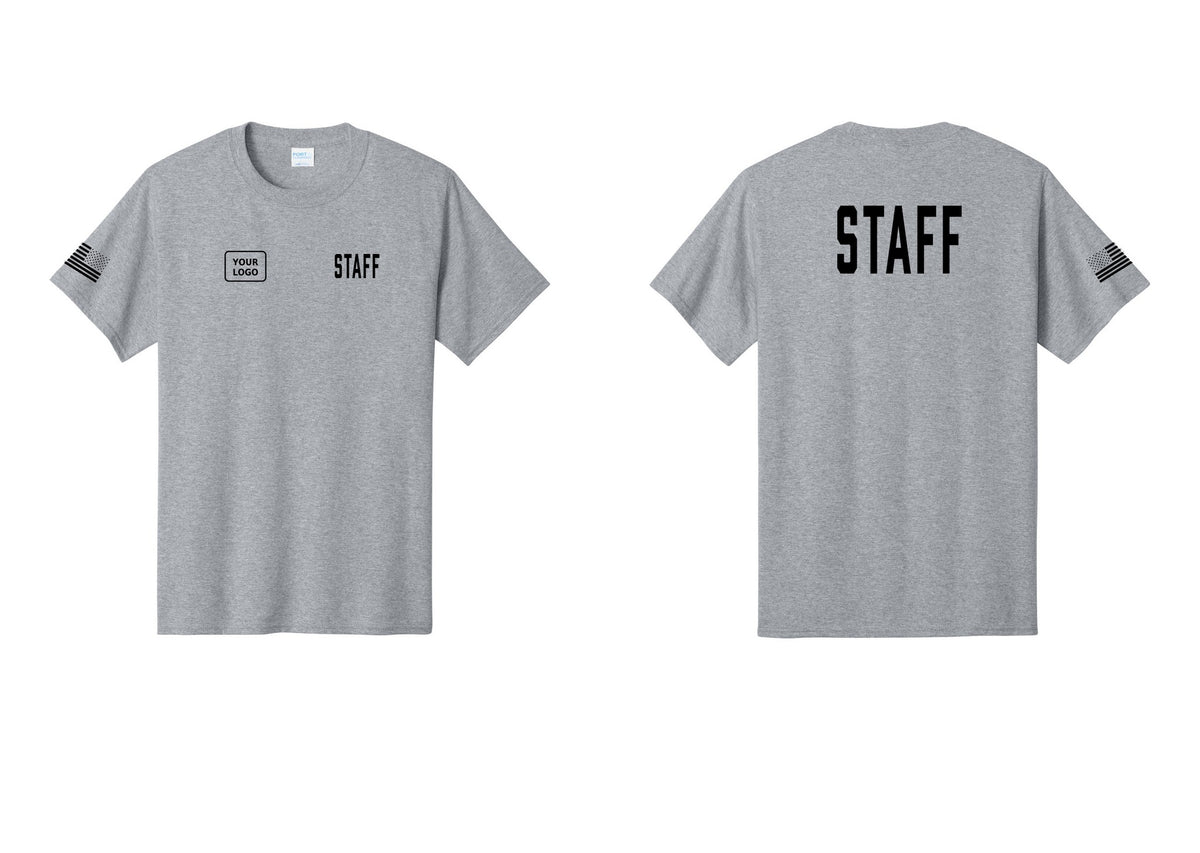NYC Factory Custom Logo Staff T-Shirt, Condensed Lettering - STAFF + Your Logo + Back + US Flag Sleeve - Athletic Heather