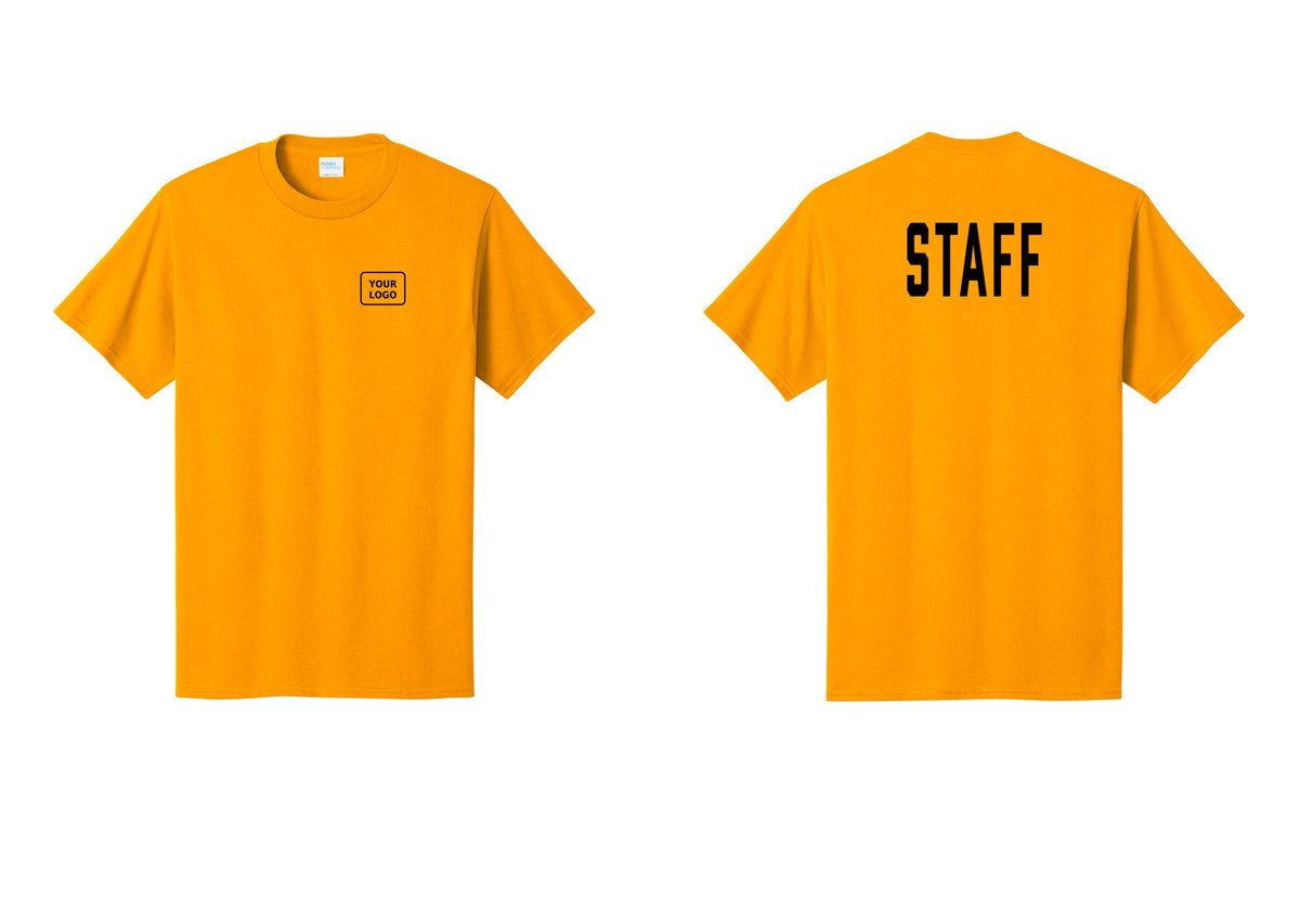 NYC Factory Custom Logo Staff T-Shirt, Condensed Lettering - Your Logo + Back - Gold