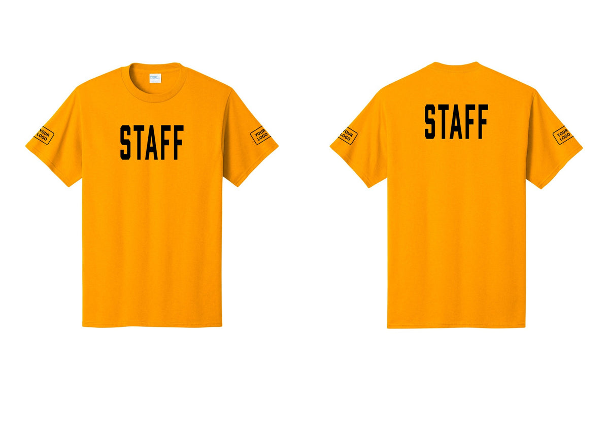 NYC Factory Custom Logo Staff T-Shirt, Condensed Lettering - Front + Back + Your Logo Sleeves - Gold