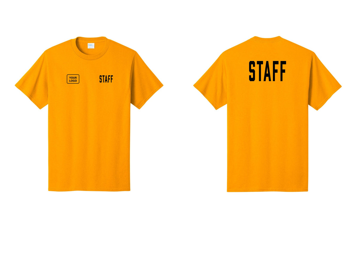 NYC Factory Custom Logo Staff T-Shirt, Condensed Lettering - STAFF + Your Logo + Back - Gold