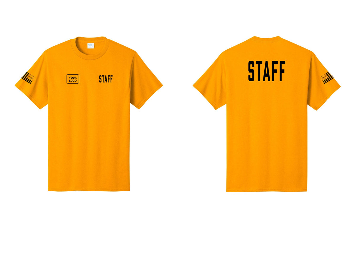 NYC Factory Custom Logo Staff T-Shirt, Condensed Lettering - STAFF + Your Logo + Back + US Flag Sleeve - Gold