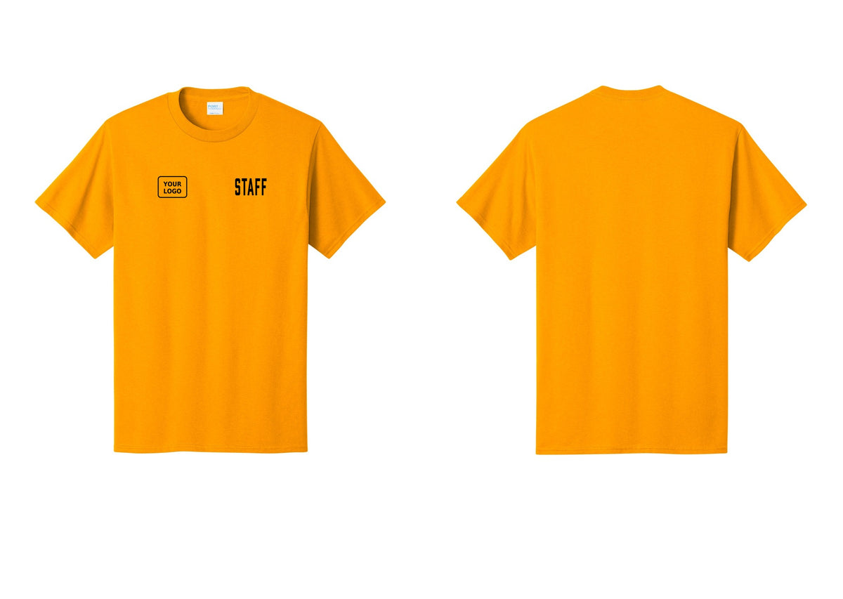 NYC Factory Custom Logo Staff T-Shirt, Condensed Lettering - STAFF + Your Logo - Gold
