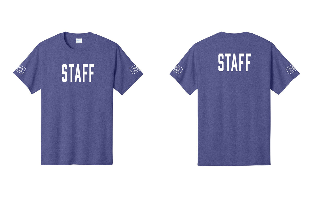 NYC Factory Custom Logo Staff T-Shirt, Condensed Lettering - Front + Back + Your Logo Sleeves - Heather Purple