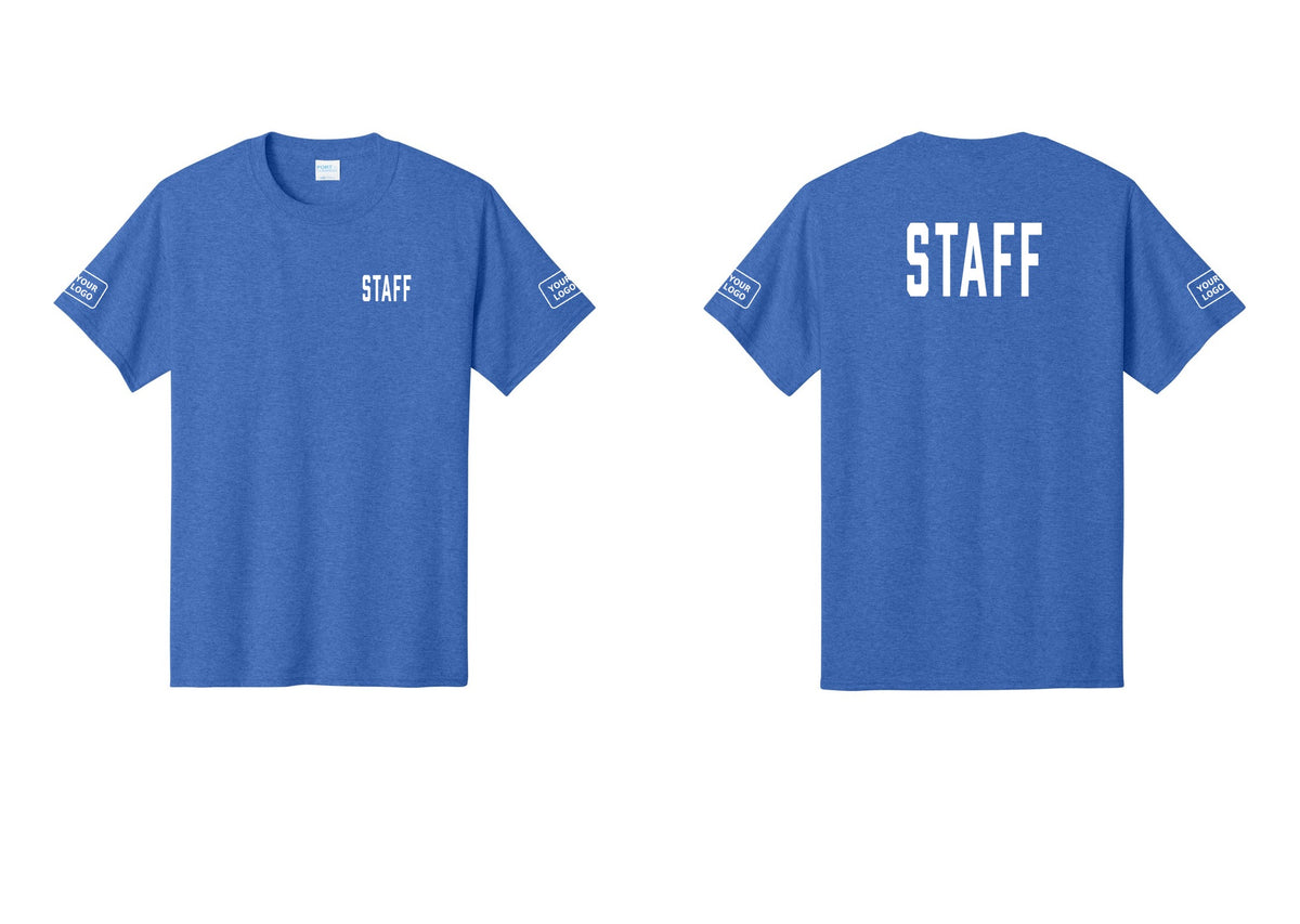 NYC Factory Custom Logo Staff T-Shirt, Condensed Lettering - Chest + Back + Your Logo Sleeves - Heather Royal