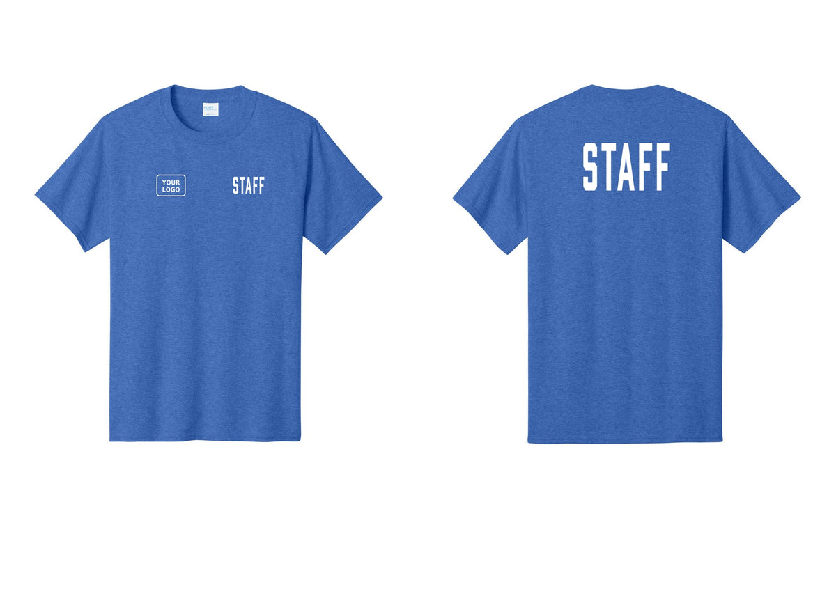 NYC Factory Custom Logo Staff T-Shirt, Condensed Lettering - STAFF + Your Logo + Back - Heather Royal