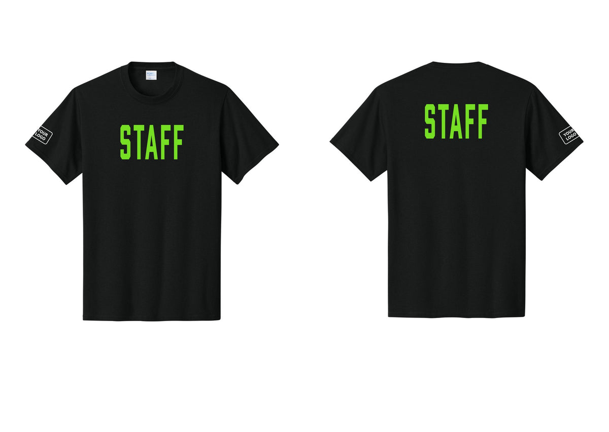 NYC Factory Custom Logo Staff T-Shirt, Condensed Lettering - Front + Back + Your Logo Sleeve - Black / Neon