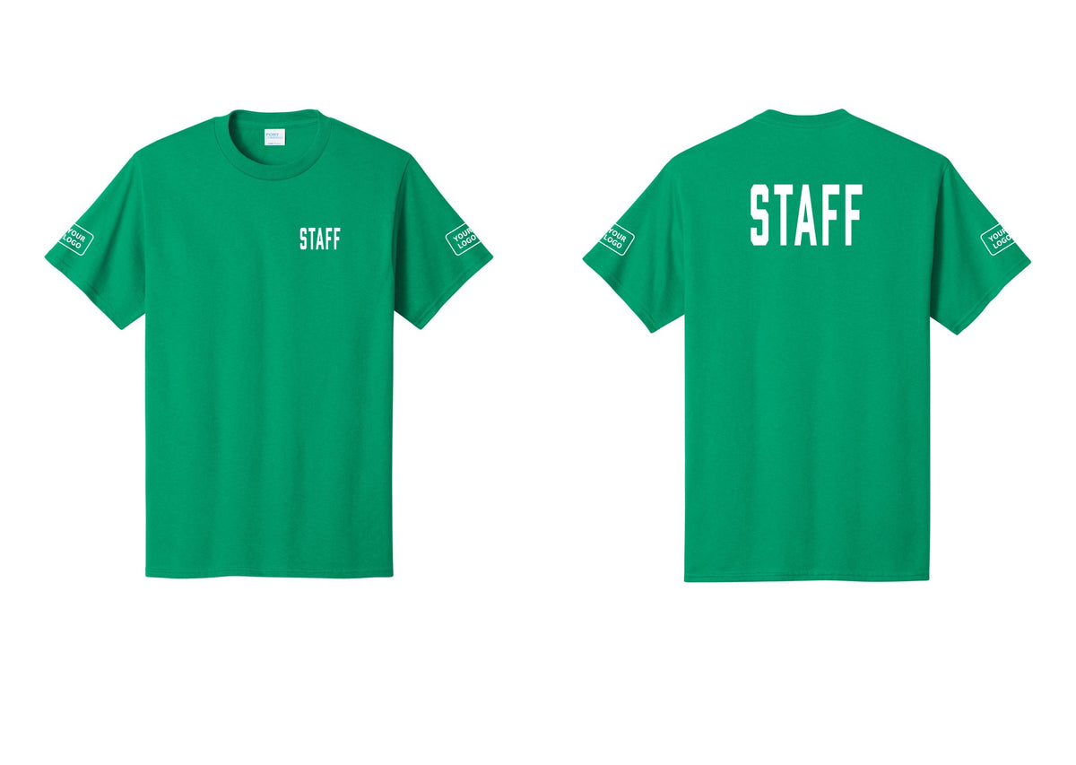 NYC Factory Custom Logo Staff T-Shirt, Condensed Lettering - Chest + Back + Your Logo Sleeves - Kelly