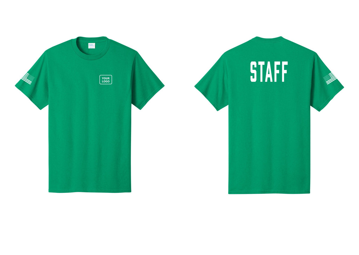 NYC Factory Custom Logo Staff T-Shirt, Condensed Lettering - Your Logo + Back + US Flag Sleeve - Kelly