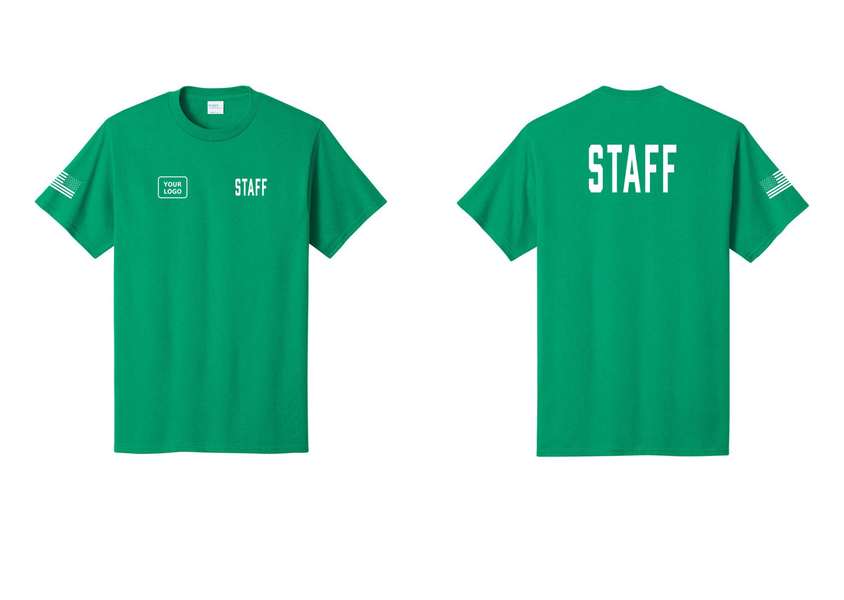 NYC Factory Custom Logo Staff T-Shirt, Condensed Lettering - STAFF + Your Logo + Back + US Flag Sleeve - Kelly