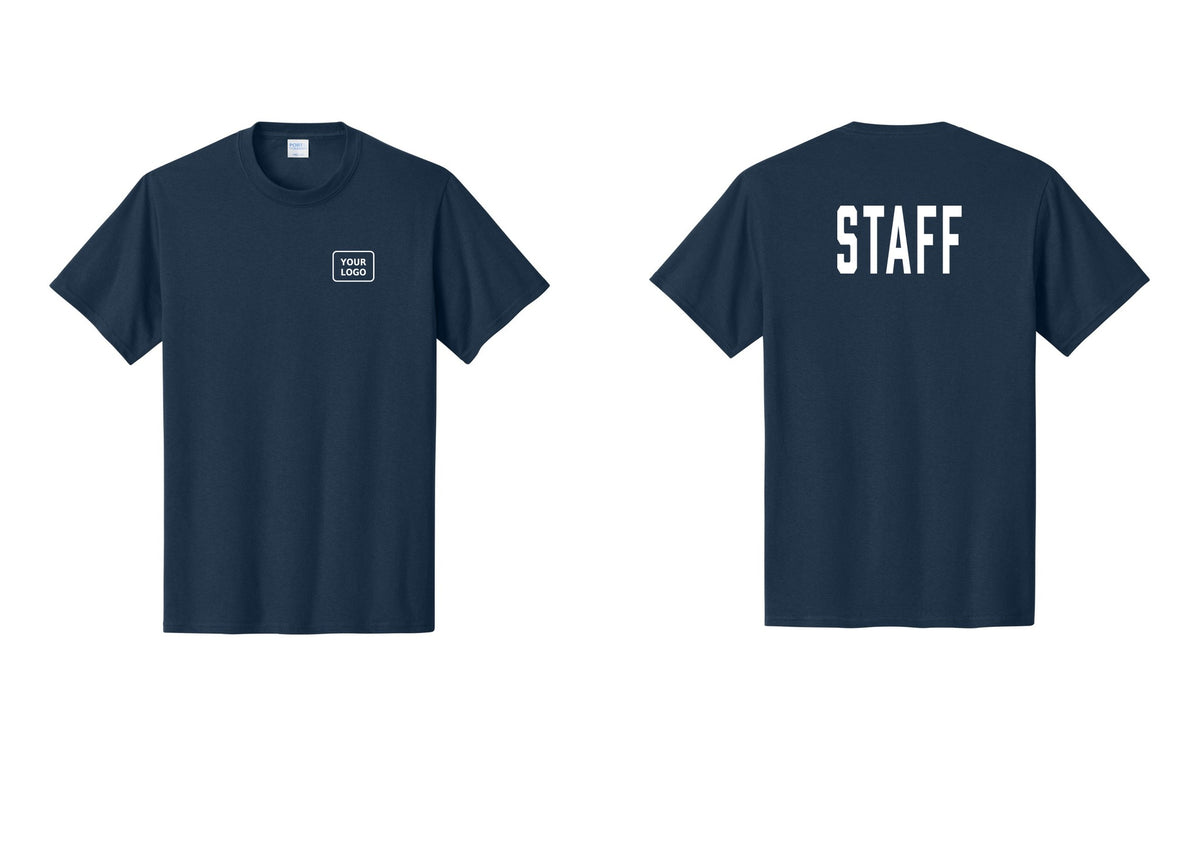NYC Factory Custom Logo Staff T-Shirt, Condensed Lettering - Your Logo + Back - Navy