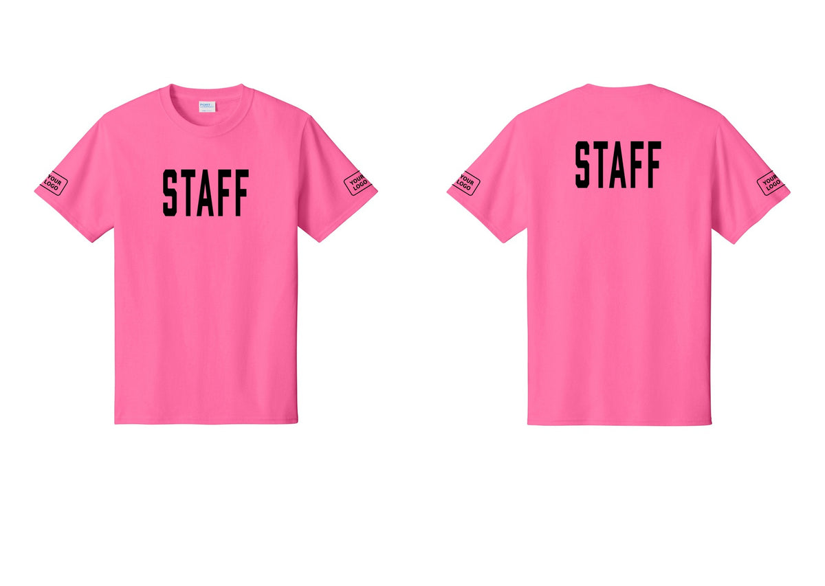 NYC Factory Custom Logo Staff T-Shirt, Condensed Lettering - Front + Back + Your Logo Sleeves - Neon Pink