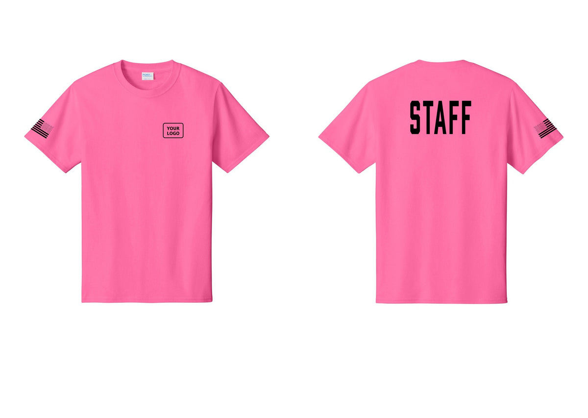 NYC Factory Custom Logo Staff T-Shirt, Condensed Lettering - Your Logo + Back + US Flag Sleeve - Neon Pink