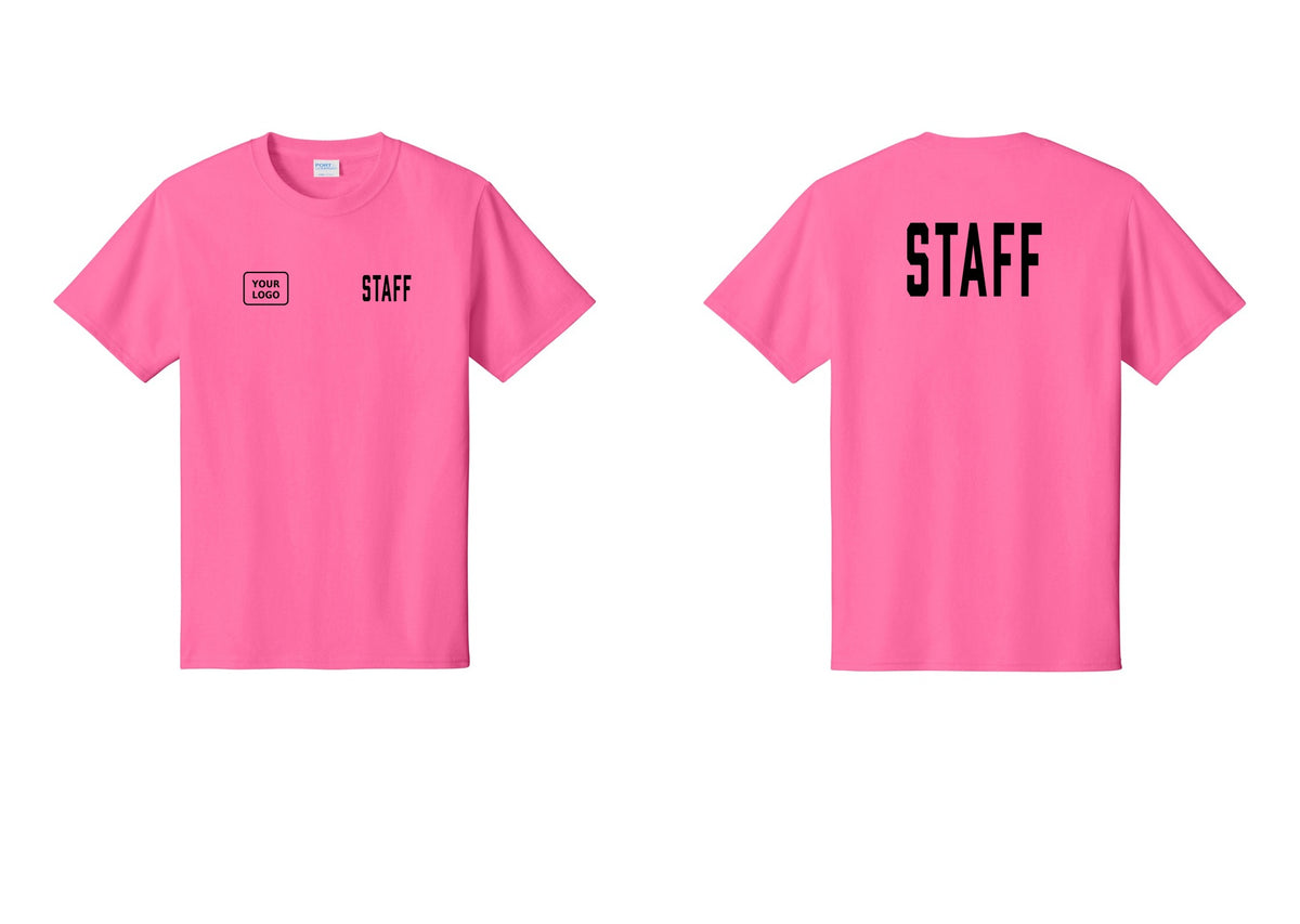 NYC Factory Custom Logo Staff T-Shirt, Condensed Lettering - STAFF + Your Logo + Back - Neon Pink
