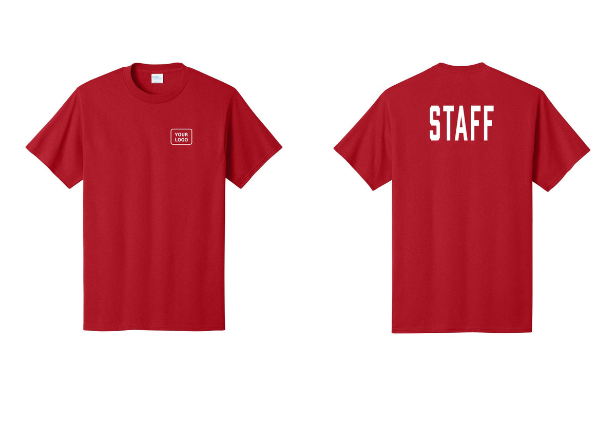 NYC Factory Custom Logo Staff T-Shirt, Condensed Lettering - Your Logo + Back - Red