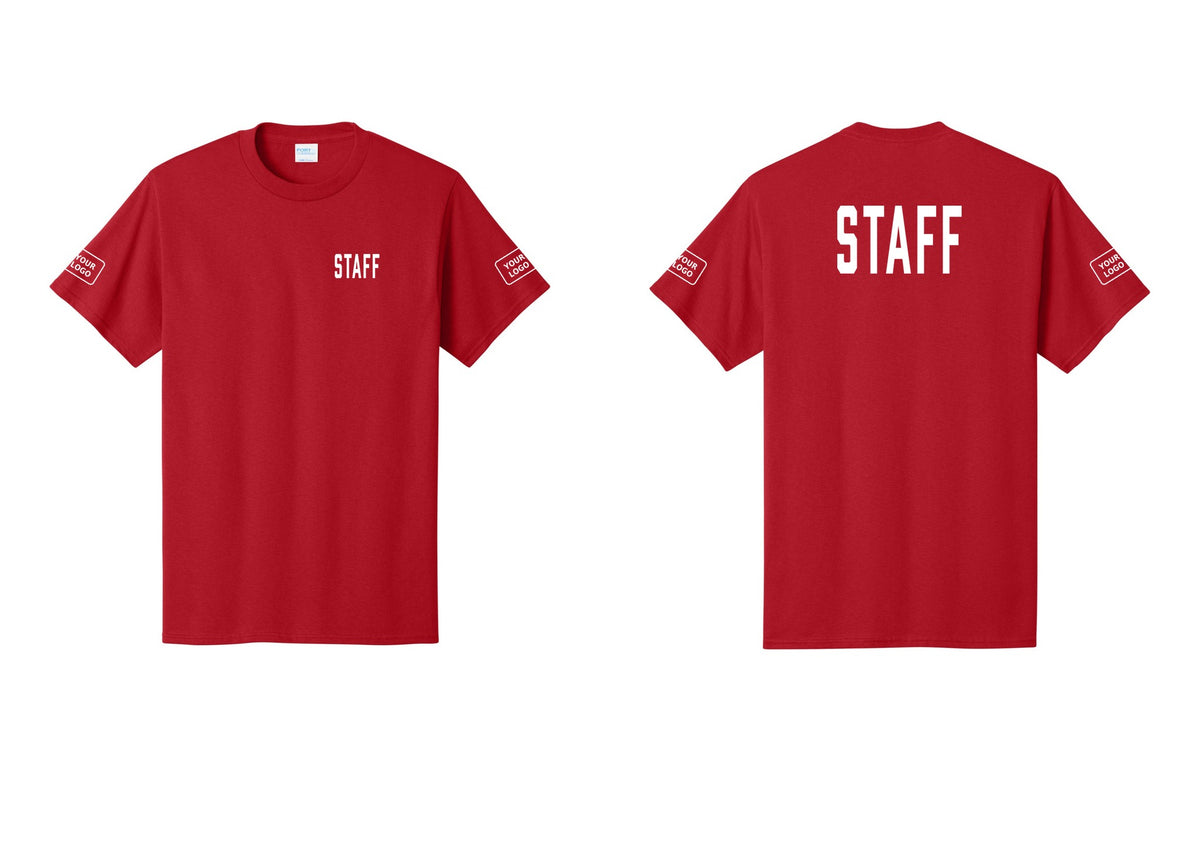 NYC Factory Custom Logo Staff T-Shirt, Condensed Lettering - Chest + Back + Your Logo Sleeves - Red