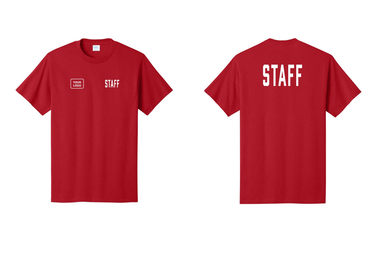 NYC Factory Custom Logo Staff T-Shirt, Condensed Lettering - STAFF + Your Logo + Back - Red