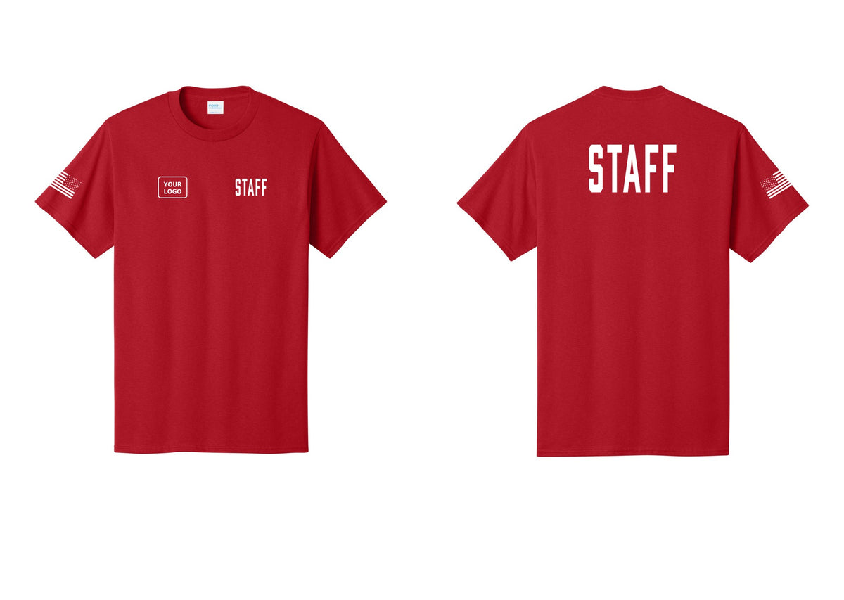 NYC Factory Custom Logo Staff T-Shirt, Condensed Lettering - STAFF + Your Logo + Back + US Flag Sleeve - Red