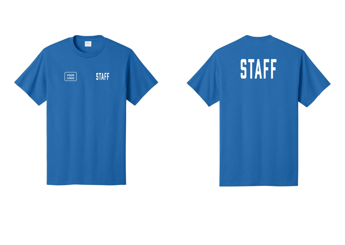 NYC Factory Custom Logo Staff T-Shirt, Condensed Lettering - STAFF + Your Logo + Back - Royal