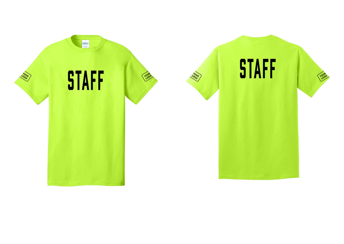 NYC Factory Custom Logo Staff T-Shirt, Condensed Lettering - Front + Back + Your Logo Sleeves - Safety Green