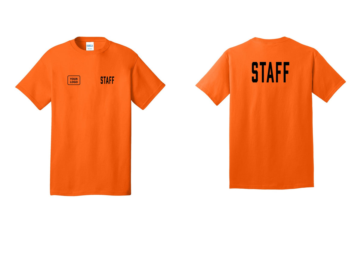 NYC Factory Custom Logo Staff T-Shirt, Condensed Lettering - STAFF + Your Logo + Back - Safety Orange