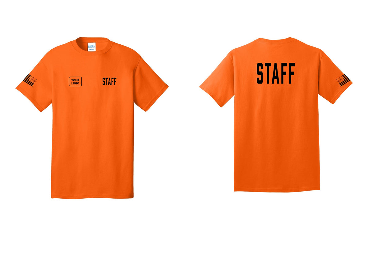 NYC Factory Custom Logo Staff T-Shirt, Condensed Lettering - STAFF + Your Logo + Back + US Flag Sleeve - Safety Orange