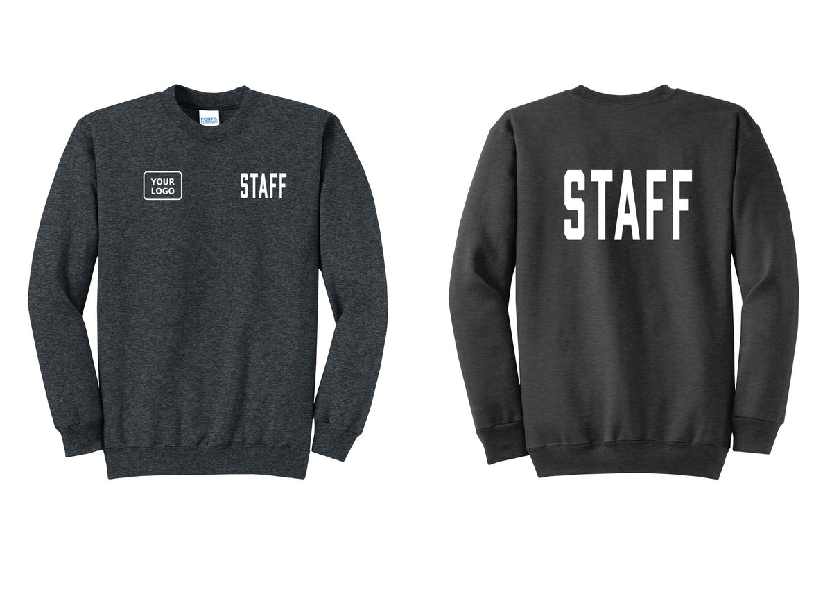 NYC Factory Custom Logo Staff Cotton Fleece Crewneck Sweatshirt (Classic) - STAFF + Your Logo + Back - Dark Heather Grey