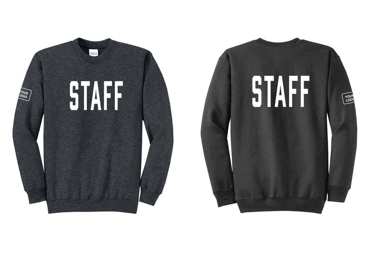 NYC Factory Custom Logo Staff Cotton Fleece Crewneck Sweatshirt (Classic) - Front + Back + Your Logo Sleeve - Dark Heather Grey