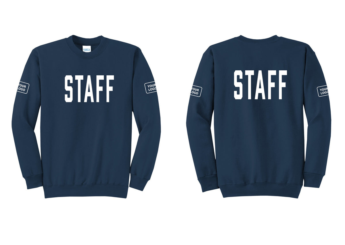 NYC Factory Custom Logo Staff Cotton Fleece Crewneck Sweatshirt (Classic) - Front + Back + Your Logo Sleeves - Navy