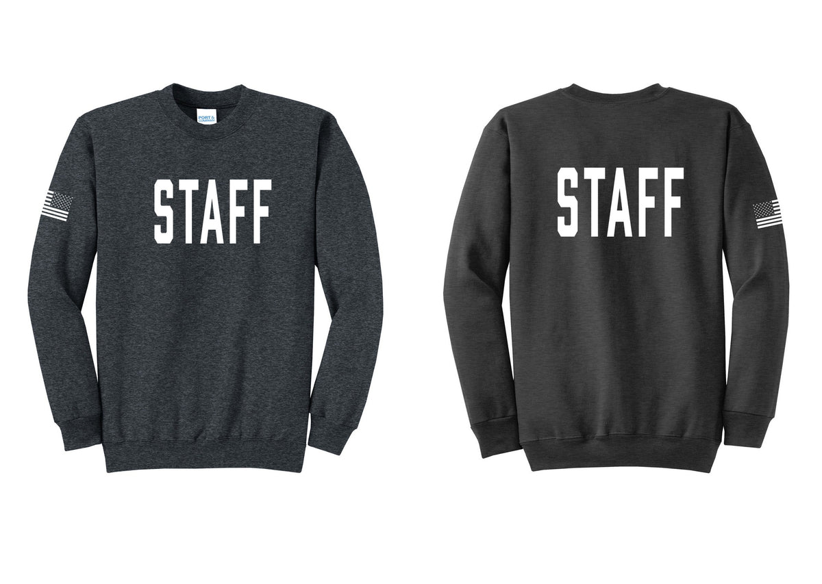NYC Factory Staff Cotton Fleece Crewneck Sweatshirt (Classic) - Front + Back + US Flag Sleeve - Dark Heather Grey