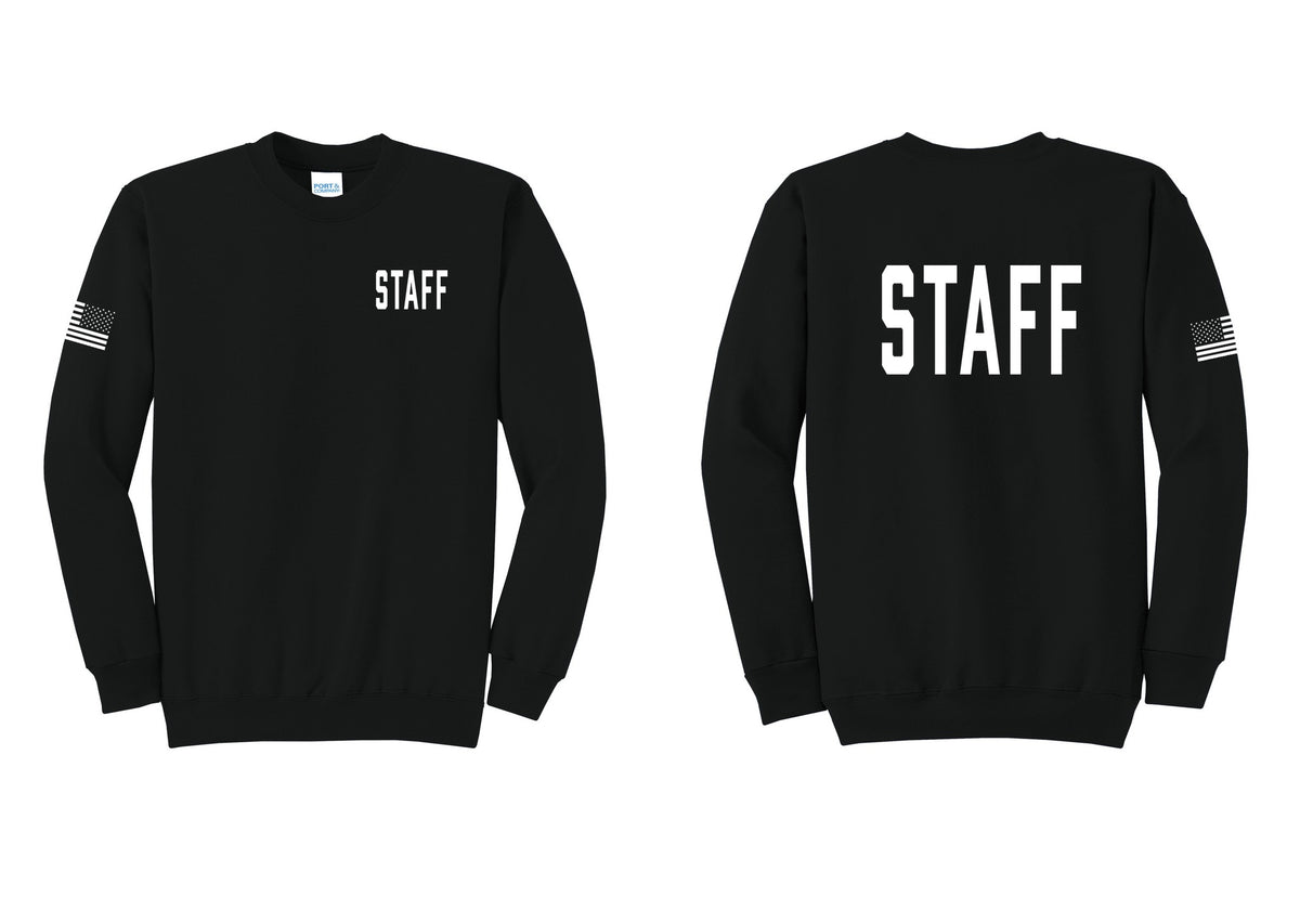 NYC Factory Staff Cotton Fleece Crewneck Sweatshirt (Classic) - Chest + Back + US Flag Sleeve - Black