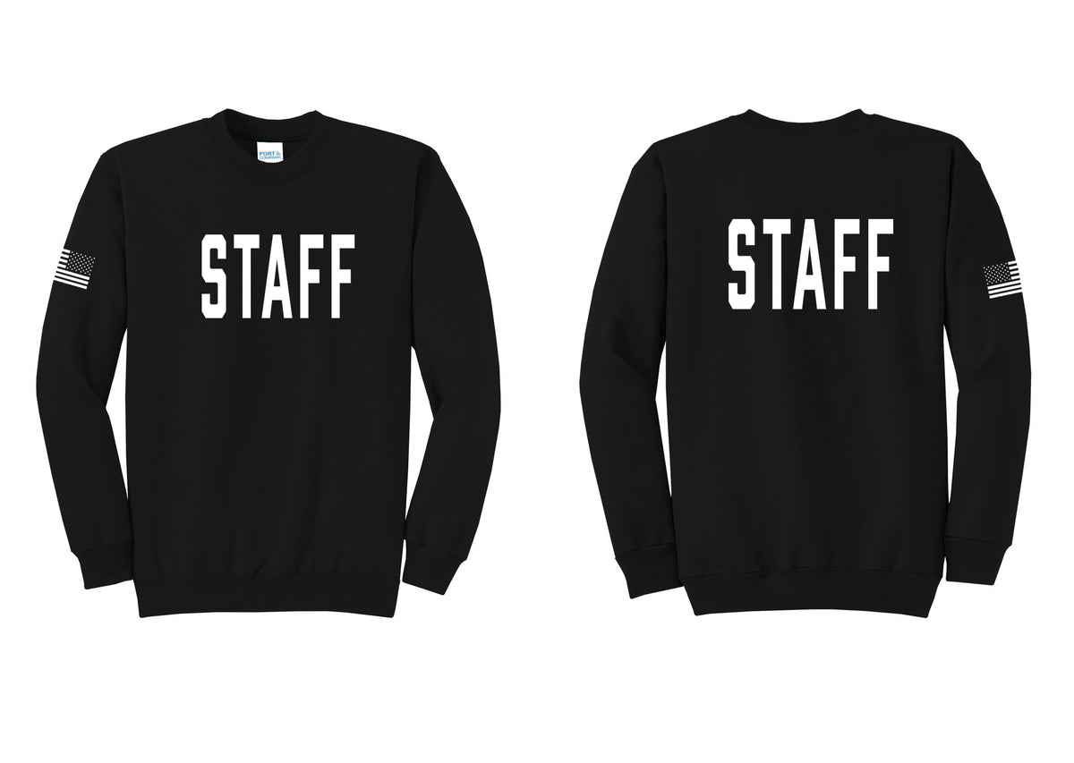 NYC Factory Staff Cotton Fleece Crewneck Sweatshirt (Classic) - Front + Back + US Flag Sleeve - Black