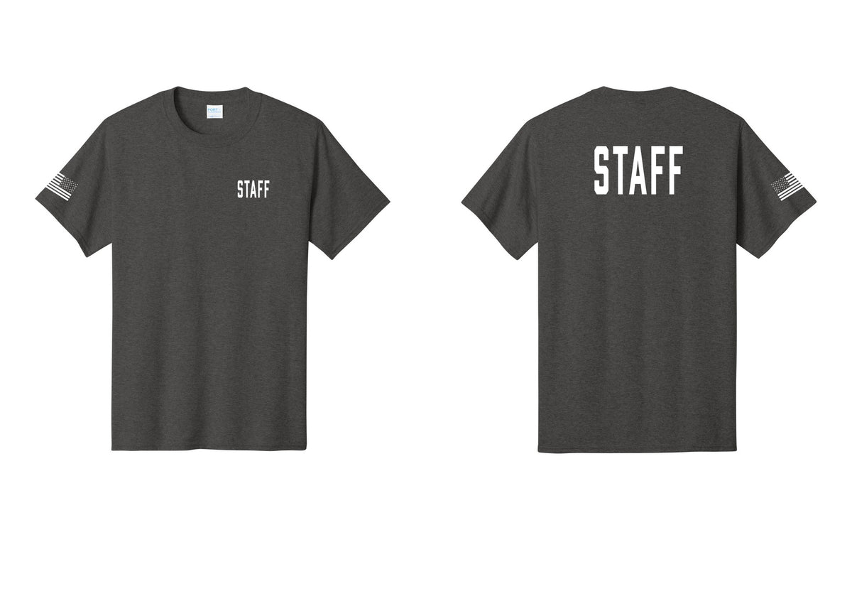 NYC Factory Staff T-Shirt, Condensed Lettering - Chest + Back + US Flag Sleeve - Dark Heather Grey