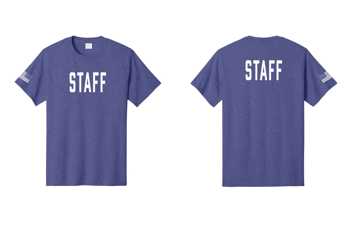 NYC Factory Staff T-Shirt, Condensed Lettering - Front + Back + US Flag Sleeve - Heather Purple