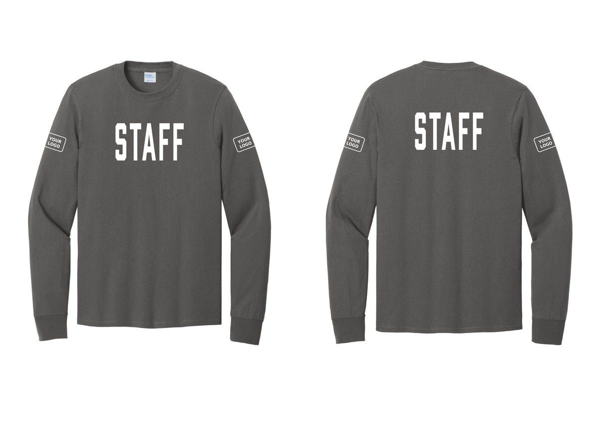 NYC Factory Custom Logo Staff Cotton Long Sleeve T-Shirt (Classic) - Front + Back + Your Logo Sleeves - Charcoal
