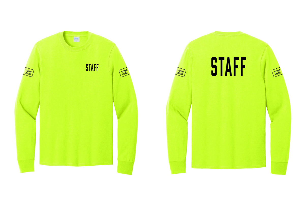 NYC Factory Custom Logo Staff Cotton Long Sleeve T-Shirt (Classic) - Chest + Back + Your Logo Sleeves - Safety Green
