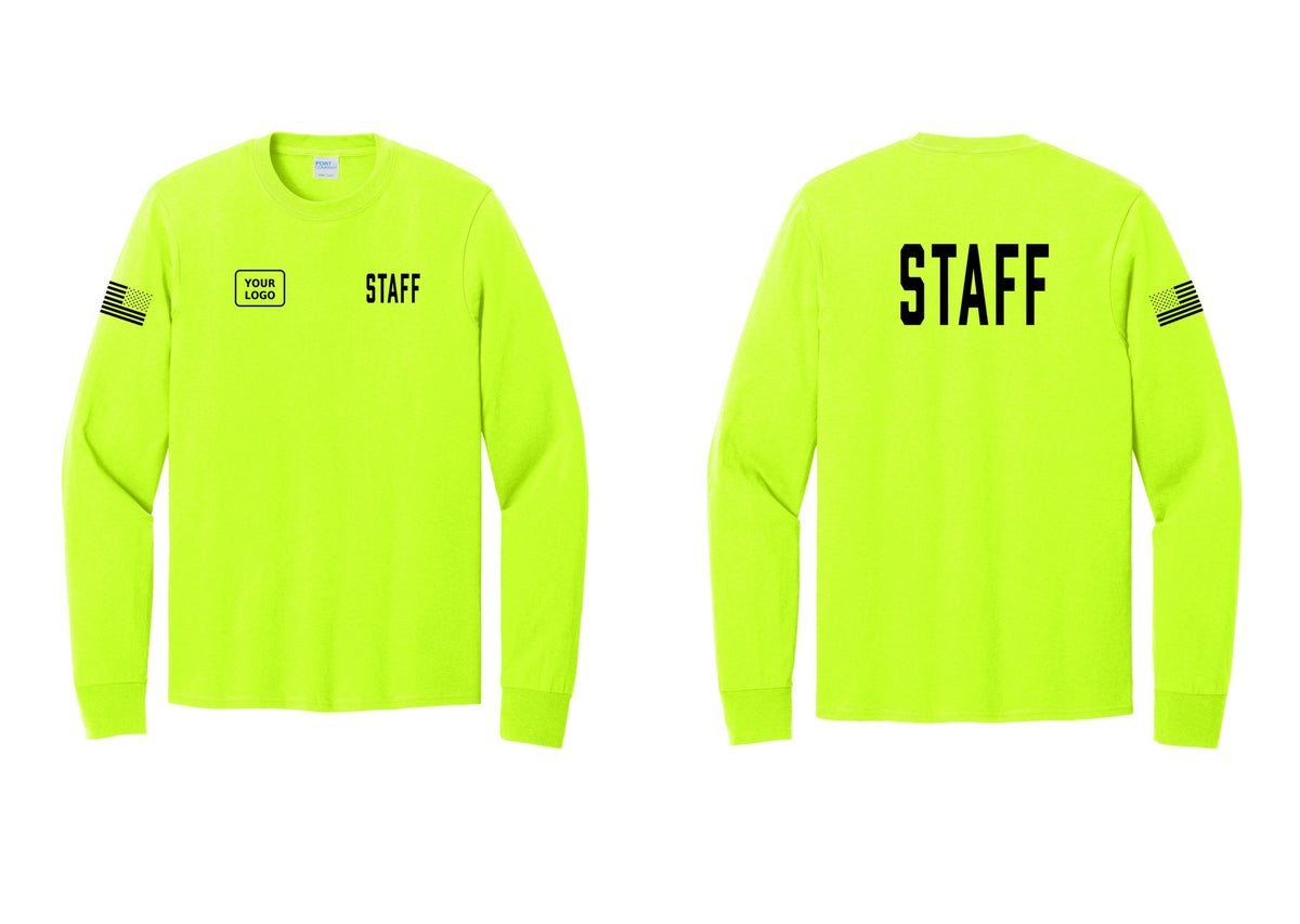 NYC Factory Custom Logo Staff Cotton Long Sleeve T-Shirt (Classic) - STAFF + Your Logo + Back + US Flag Sleeve - Safety Green